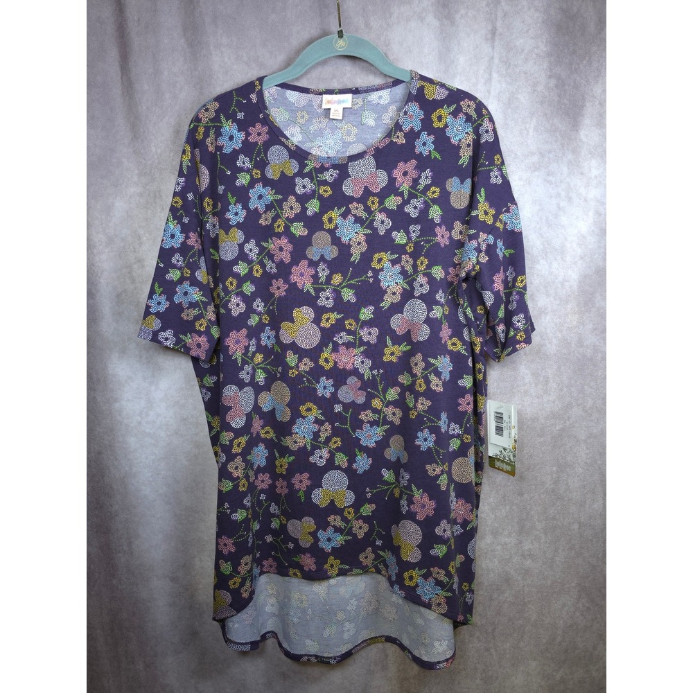 LuLaRoe Irma Tunic‎ Top Purple Floral Mickey Mouse Print XS